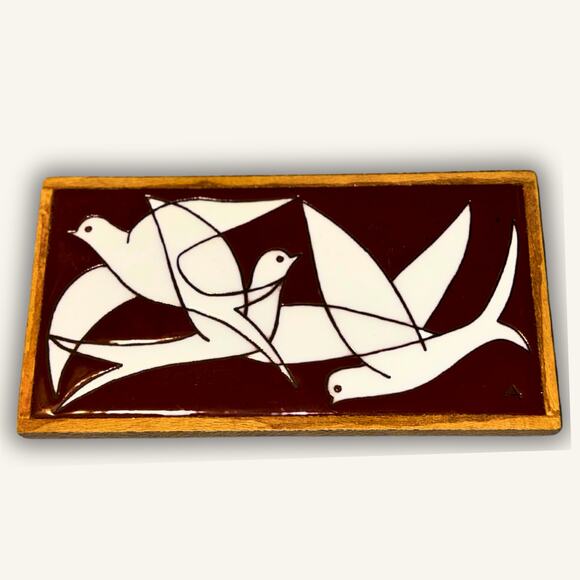 Mid Century Modern Abstract Bird Tile Wall Art | White Doves on Red - Picture 9 of 9